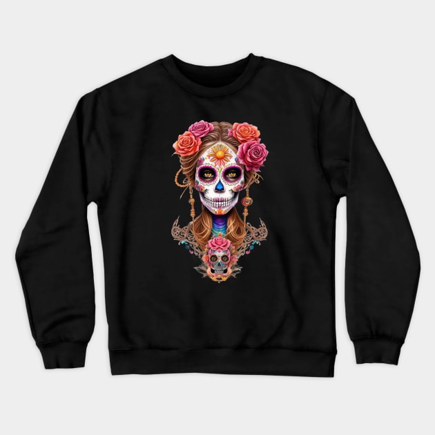 Embody the Spirit of Dia de los Muertos with Stunning Woman in Sugar Skull Makeup Crewneck Sweatshirt by ImaginativeInkPOD